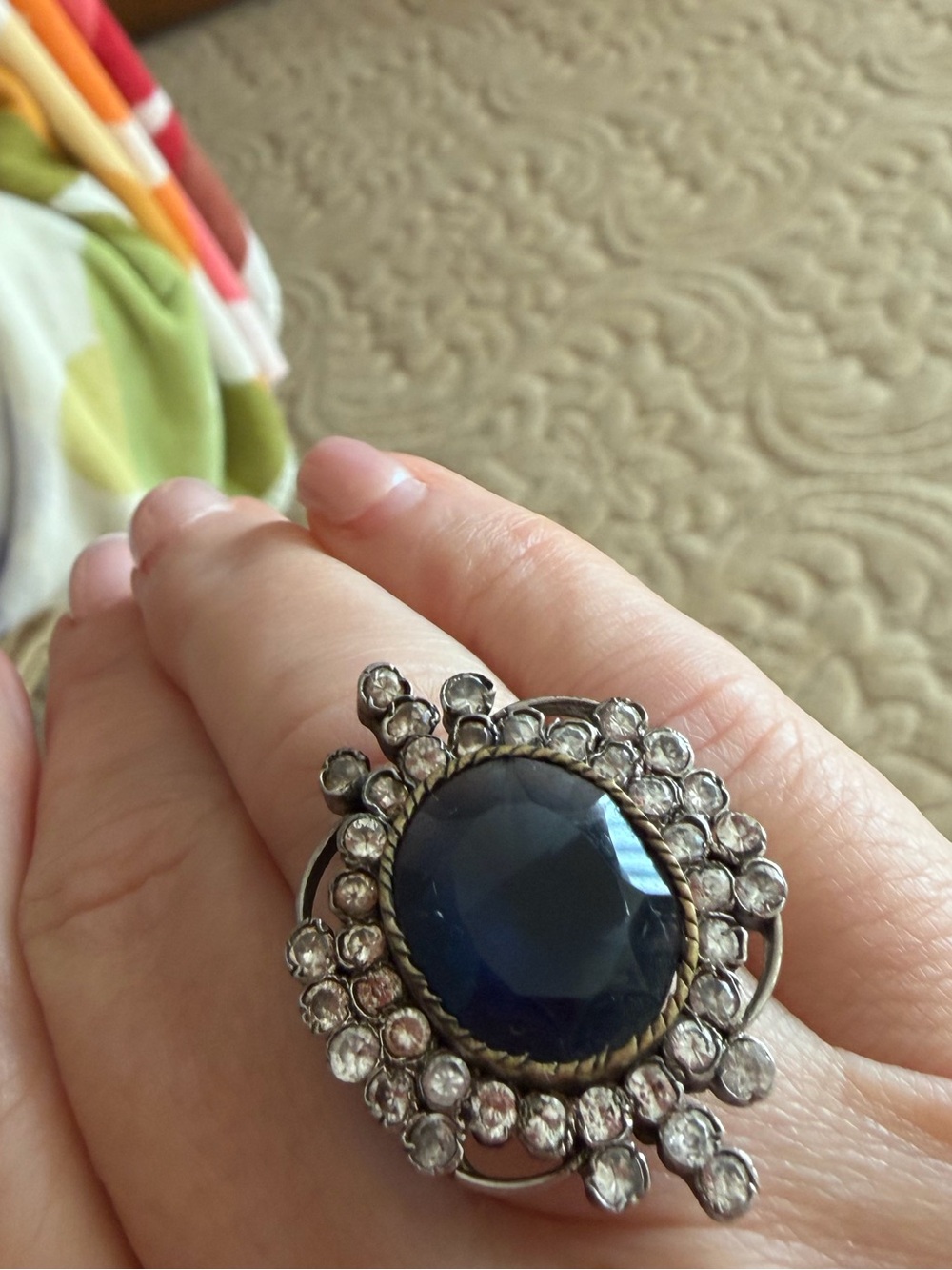 Blue Crystal Statement Ring with Clear Accents NWT bollywood style, vintage